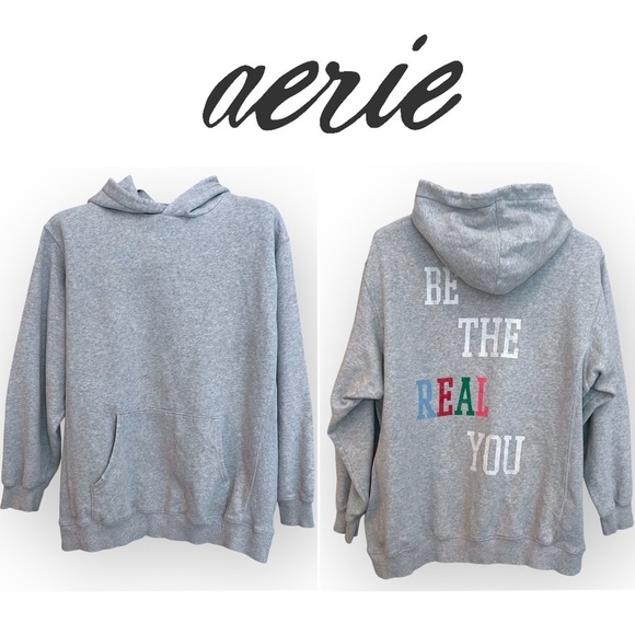 aerie Tops - Aerie Oversized pullover hoodie, grey, cotton, back graphic, size M